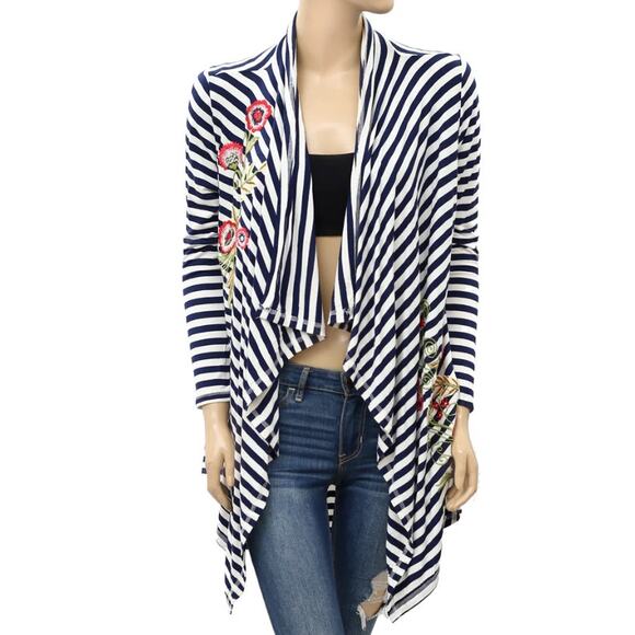 Caite Open Cardigan Embroidered Knit Striped Floral Draped Blue White Sm Boho - Picture 1 of 12
